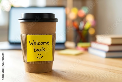 Welcome back coffee cup with sticky note and smiley face on desk with laptop books and office supplies greeting returning to work after vacation or holiday season.