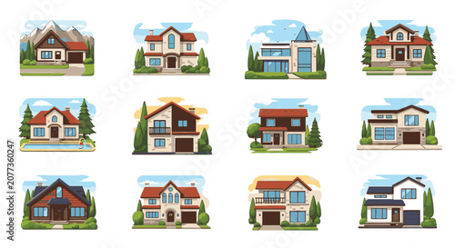Set of twelve diverse residential house illustrations featuring modern, traditional, and cabin styles with landscaping, garages, swimming pools, and mountain scenery on white.