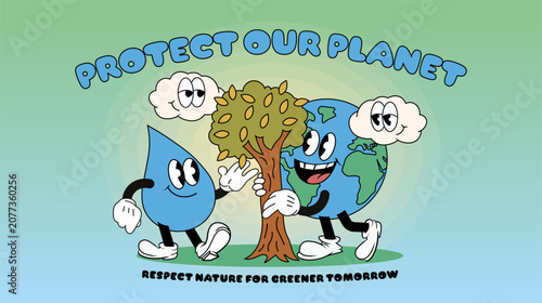 Protect Our Planet with Water Drop and Earth Mascot Characters – Environmental Conservation Vector Illustration