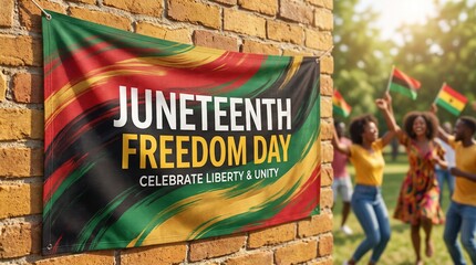 Artistic Juneteenth Freedom Day banner using vibrant Pan-African colors with expressive paint strokes, modern typography, textured background, inspirational celebration concept.

