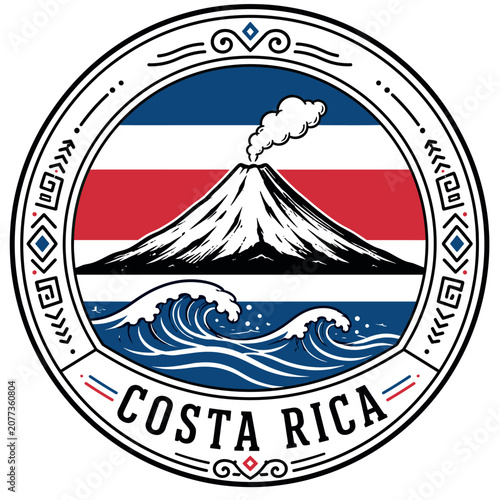 Costa Rica National Emblem Illustration - Volcano Landscape