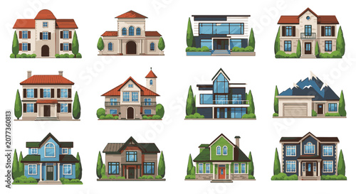 Collection of twelve distinct architectural building illustrations including modern glass villas, traditional suburban homes, Mediterranean manors, and mountain chalets on white background.