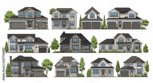 Set of eleven modern residential house illustrations, architectural 2D front elevations of suburban family homes with garages and landscaping, isolated on white background.