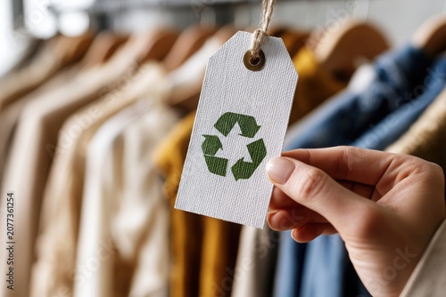 Hand holding a clothing tag with a recycle symbol in front of a blurry clothes rack, promoting sustainable fashion and conscious consumerism.
