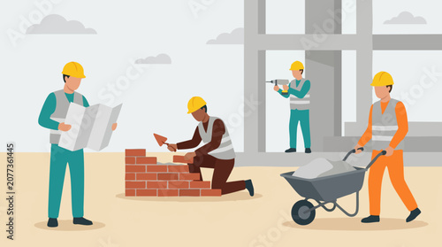 Photos Construction workers building a new structure at a development site