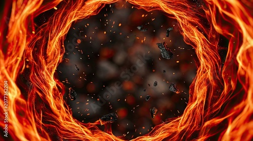 Fire frame with black background and flames concept. Abstract view of fiery flames swirling in a circular pattern.