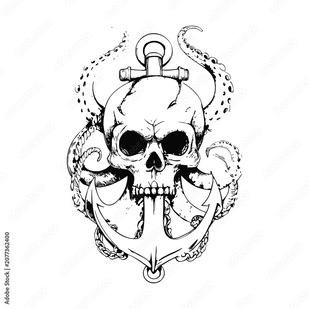Fototapeta premium Skull Octopus Anchor Illustration, Black and White Vintage Nautical Engraving Vector Art