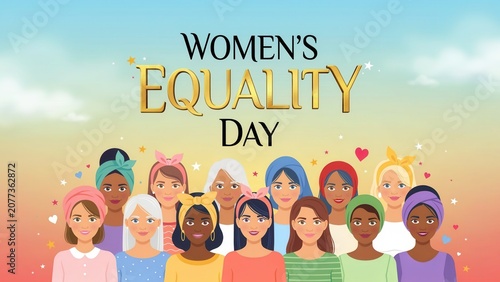 Women's Equality Day celebration with diverse group of happy females