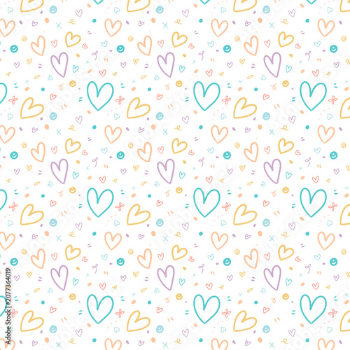 Pastel Colorful Hearts and Confetti Doodle Seamless Pattern