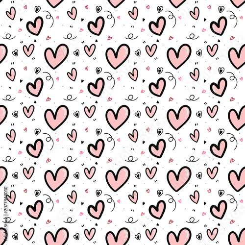 Doodle Pink Hearts and Confetti Seamless Pattern on Transparent Background