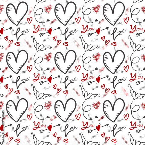 Hand Drawn Black Hearts and Red Arrow Cupid Seamless Pattern