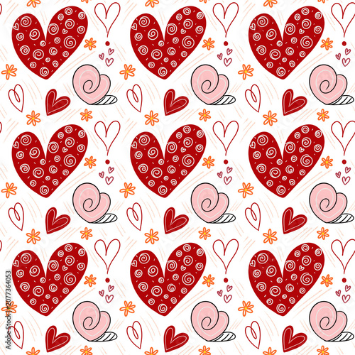 Cute Red and Pink Hearts Seamless Pattern with Swirls and Flowers