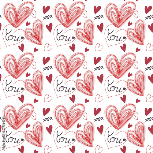 Red Scribble Hearts and You Text Sketch Seamless Pattern
