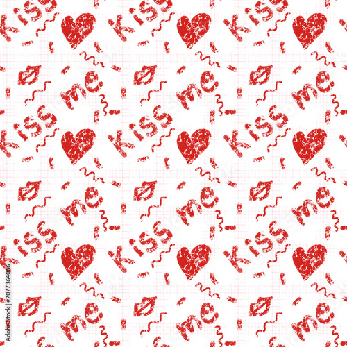 Grunge Red Lips Kiss Me Text and Hearts Seamless Pattern