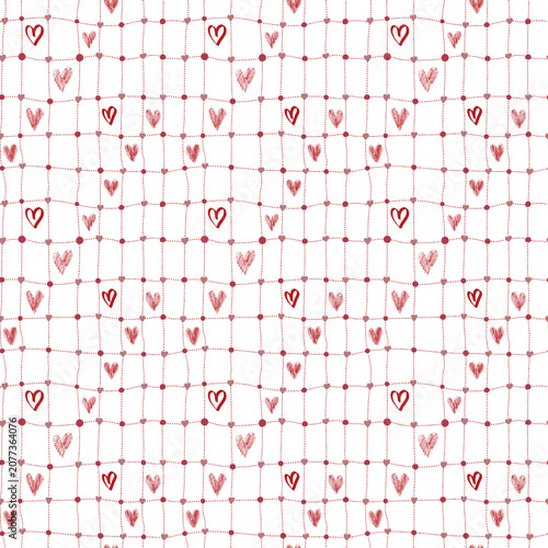 Minimalist Red Grid and Hand Drawn Sketch Hearts Seamless Pattern