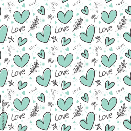 Mint Green Cute Hearts and Botanical Leaves Seamless Pattern