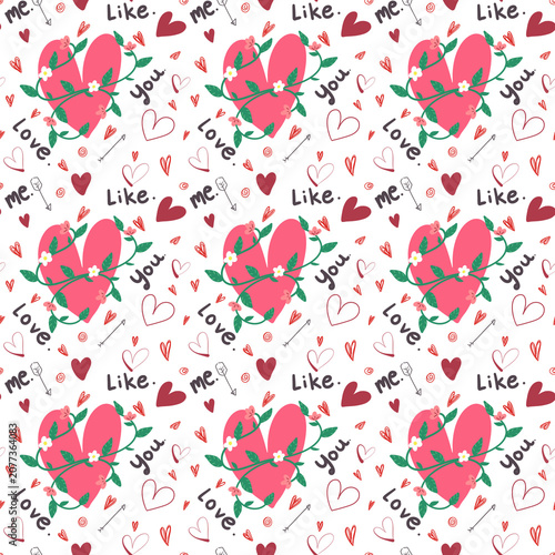 Romantic Heart with Floral Vines and Love Quotes Seamless Pattern