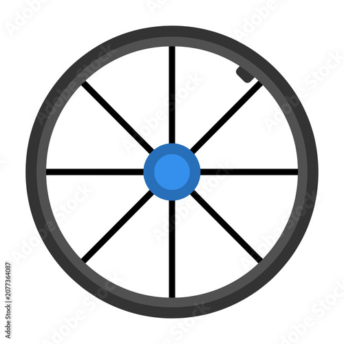 Flat bicycle wheel icon with blue hub