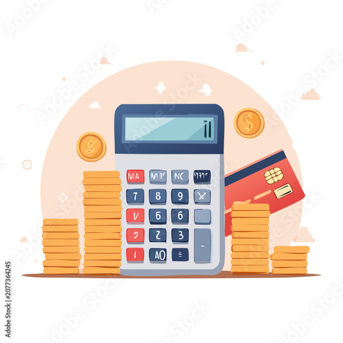 Flat vector illustration of calculator with coins and credit card
