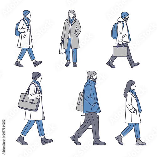 Vector line art illustration set of six diverse urban commuters walking and standing, wearing winter coats, beanies, and scarves, carrying backpacks and shopping bags on plain white.