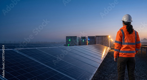 Female engineer inspecting solar panels and battery storage facility
