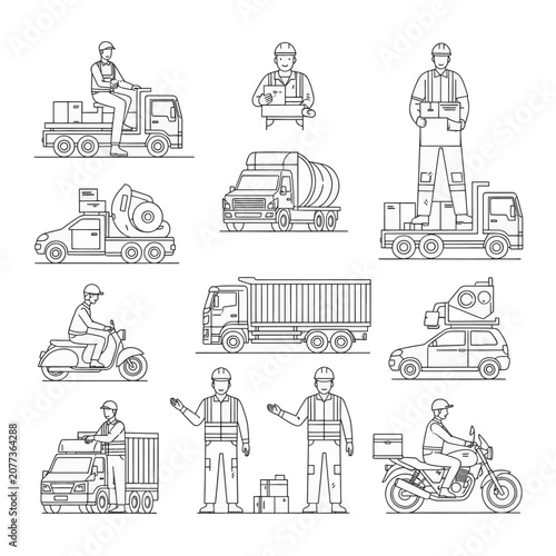 Line art collection of logistics and transportation icons featuring delivery trucks, tanker vehicles, couriers on scooters, and warehouse workers in safety gear on white background.