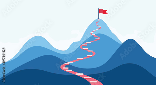 Cartoon vector illustration of a winding pink path with stairs leading up blue layered mountains to a peak with a red flag, symbolizing achievement and success.