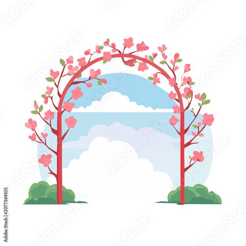 Pink cherry blossom arch illustration with sky and clouds