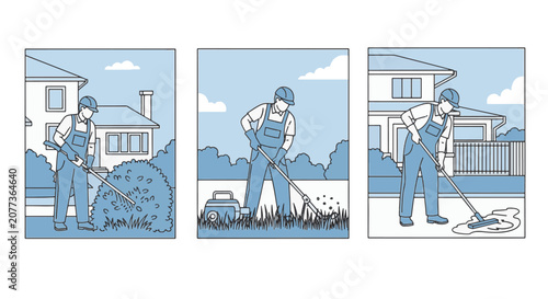 Blue and white vector illustration showing professional workers performing outdoor maintenance including hedge trimming, lawn care, and floor cleaning outside a suburban residential house.