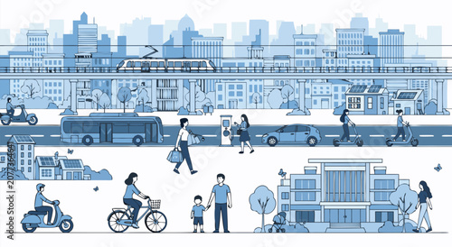 Modern City Urban Transport Vector Illustration Design Featuring People Commuting Using Sustainable Eco-Friendly Public Transit and Active Mobility