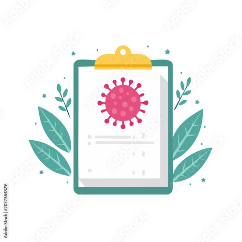 Clipboard with virus icon and green leaves illustration