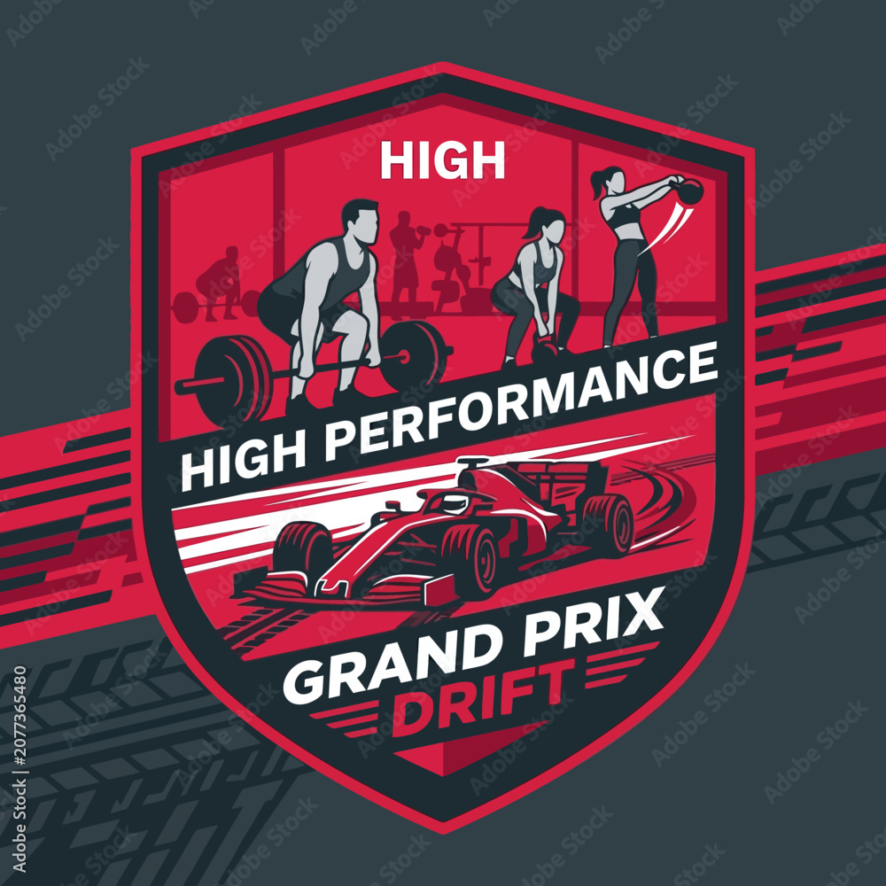 Obraz premium High Performance Grand Prix Drift Emblem With Athletes And Race Car