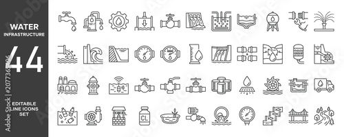 Photos Set of 44 outline icons related to water infrastructure