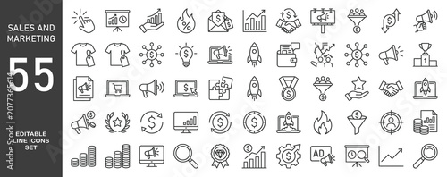 Foto Set of 55 line icons related to sales and marketing