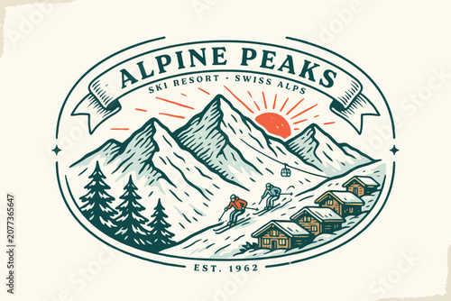 Vintage swiss alps resort featuring mountain peaks and skier, 1962 established emblem skier silhouette