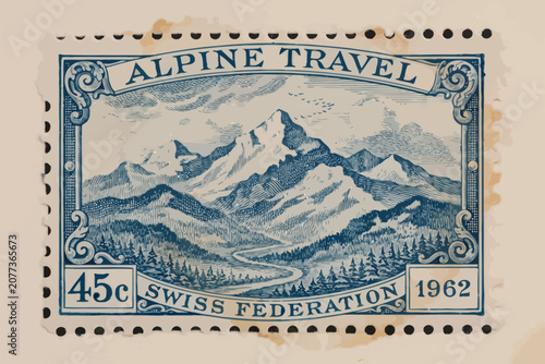 Vintage swiss postage stamp featuring alpine mountain landscape, 1962 vintage postage stamp swiss stamp