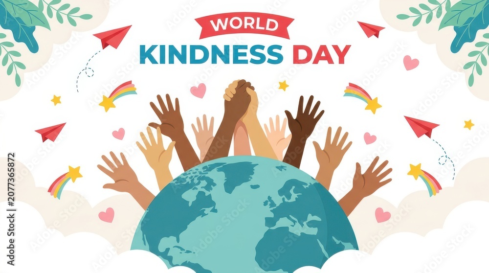 Naklejka premium Diverse hands raised in unity above planet earth for world kindness day celebration with paper planes background.