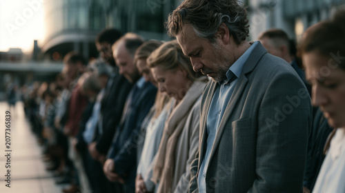 Diverse people standing together in silent remembrance at a modern memorial plaza, heads gently bowed, unity, resilience, soft sunrise light, respectful atmosphere, premium commercial photography, UH