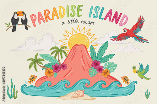 Whimsical tropical island paradise with palm trees, flamingos, and vibrant sunset colors beach