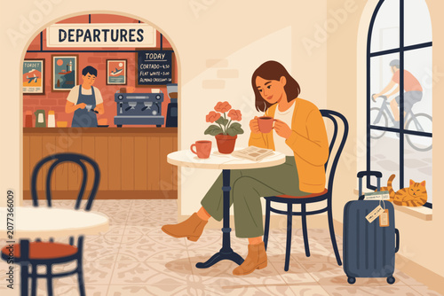Woman in orange sweater sitting on green chair with laptop and coffee cup in airport departure lounge