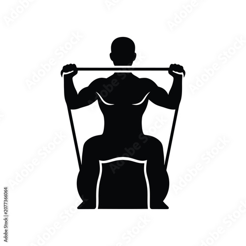 Man performing resistance band squats with focus on back muscles during workout