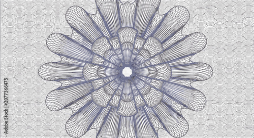 Indigo blue guilloche rosette with intricate fine line geometry and circular symmetry over a light grey Japanese seigaiha wave pattern background for security and certificate design.