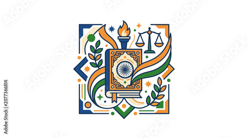 Abstract Illustration of Indian Constitution with National Symbols and Justice Scale