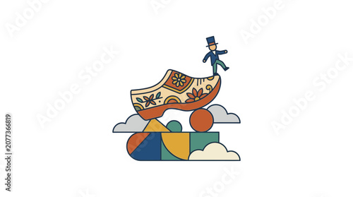Abstract man balancing on colorful patterned shoe on geometric clouds