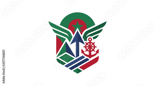 Abstract military emblem with stars, wings, anchor, and arrows in green and red