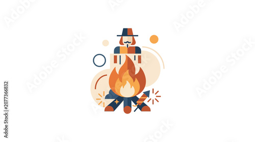 Abstract minimalistic campfire illustration with human figure