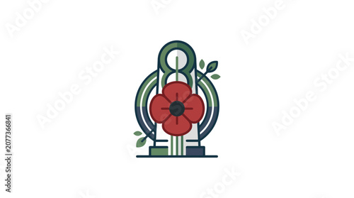 Abstract modern floral emblem with red flower and geometric shapes