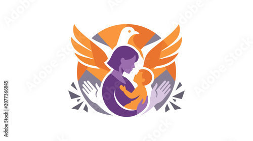 Abstract Mother and Child Embraced with White Dove Symbol of Peace
