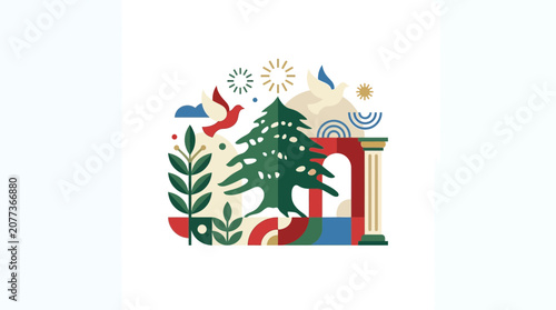 Abstract Nature and Architecture Illustration with Birds and Plants