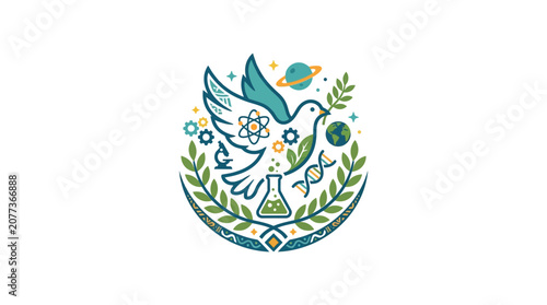Abstract Peace Dove with Science and Nature Symbols Icon
